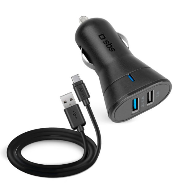 Kit cargador coche mini sbs 2x usb 12 - 24v 2400 mah carga rapida con cable tipo c