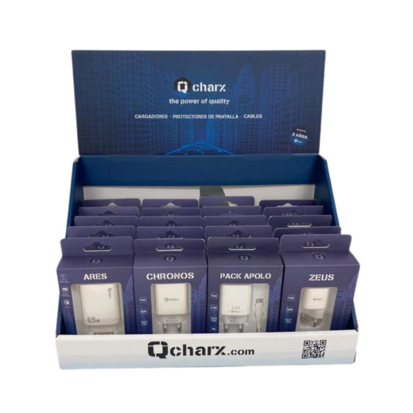 Expositor cables y cargadores qcharx 35 referencias color azul