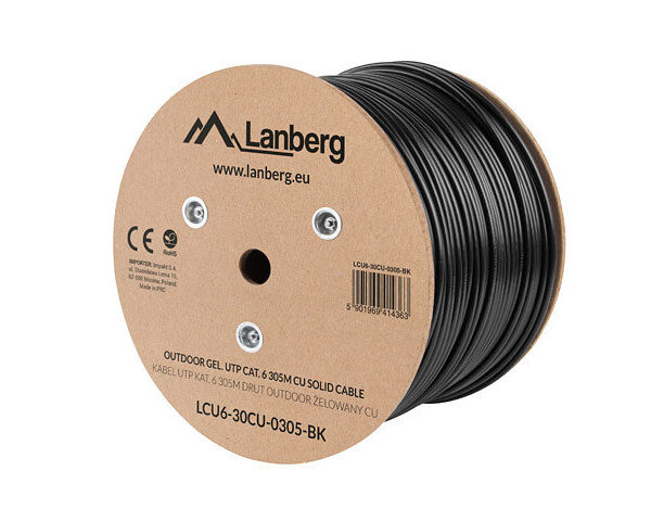 *Bobina para exterior lanberg cat.6  utp rj45 cobre gel - filled fluke awg23 305m negro