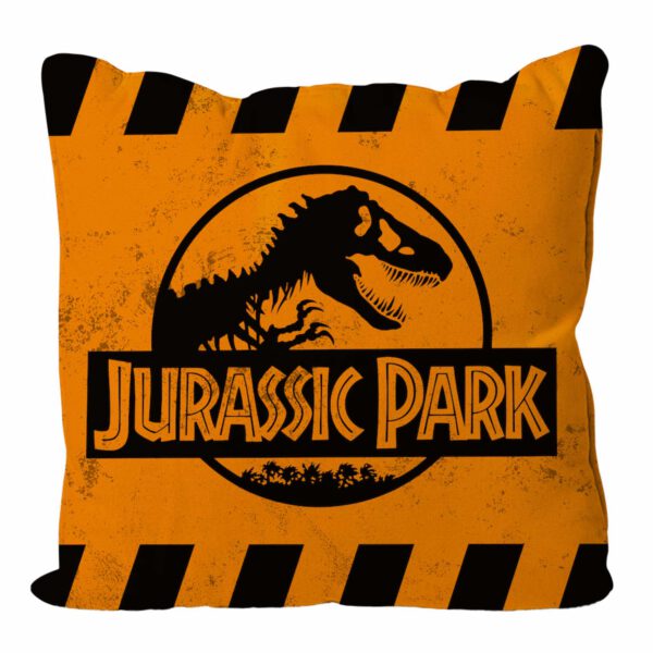 *Cojin cuadrado caution logo naranja jurassic park envasado vacio