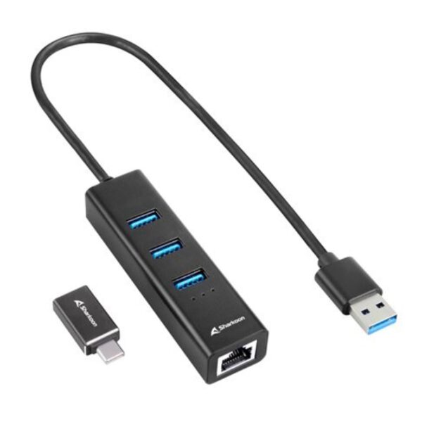 *Hub usb sharkoon 3 x usb 3.2 gen 1 + rj45 aluminio negro + adaptador usb tipo c