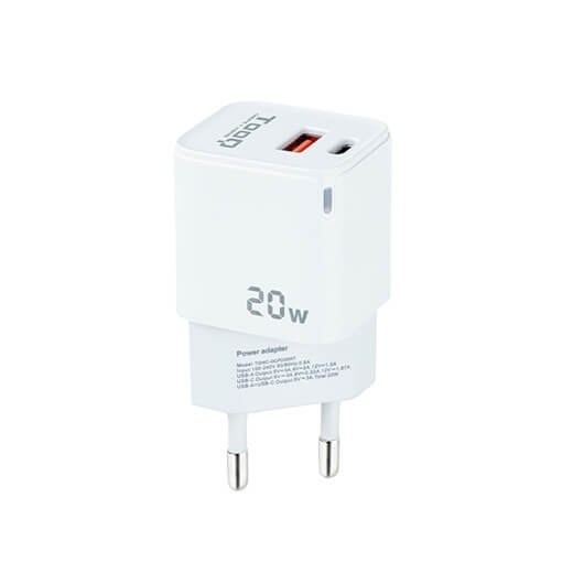 *Cargador de pared tooq doble usb - c + usb a blanco 20w