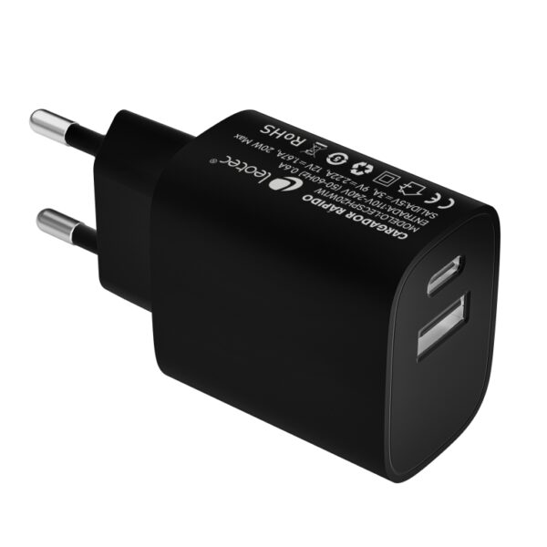 *Cargador de pared leotec 20w carga rapida 1 usb tipo - c pd 1 usb - a negro