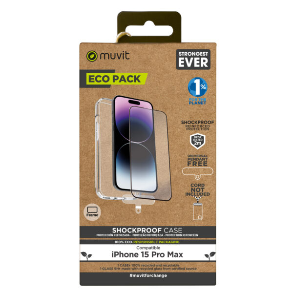 *Funda muvit shockproof 2m para apple iphone 15 pro max transparente + protector pantalla cristal templado marco negro