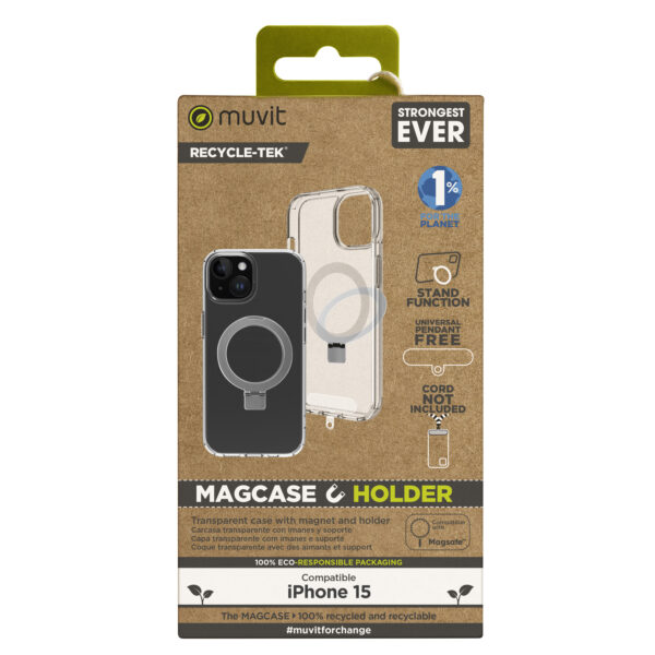 *Funda muvit recycletek magsafe + soporte para iphone 15 transparente