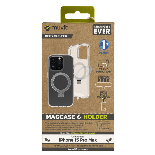 *Funda muvit recycletek magsafe + soporte para iphone 15 pro max transparente