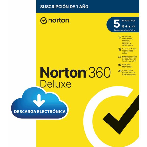 *Antivirus norton 360 deluxe 50gb español 1 usuario 5 dispositivos 1 año esd electronica  drmkey gum