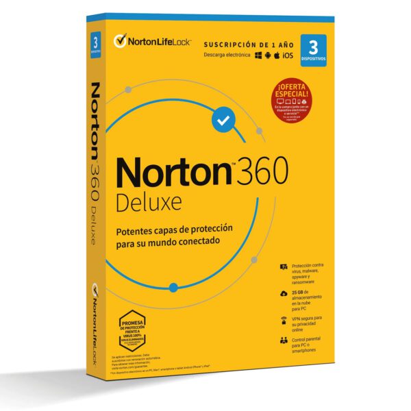 *Antivirus norton deluxe 25gb español 1 usuario 3 dispositivos 1 año en caja rsp mm gum