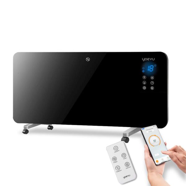 *Yoevu | radiador eléctrico bajo consumo | 2000w | programable | control móvil app y wifi | termostato regulable | soporte con ruedas | resistencia ip24 | protección sobrecalentamiento | cristal negro