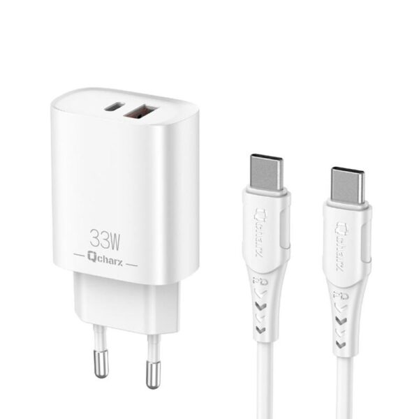 *Cargador qcharx eros 3a 33w 1 x usb tipo a - 1 x usb tipo c blanco + cable usb tipo c