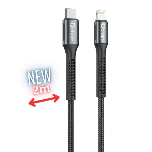 *Cable qcharx prague usb tipo c a lightning - 2m - aleacion de aluminio negro cordon de tela suave