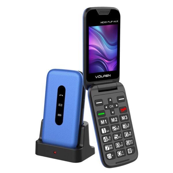 *Telefono movil volfen nexo flip max tipo concha azul base de carga