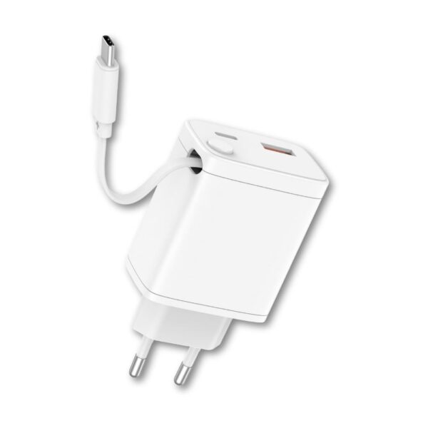 *Cargador qcharx juno 3a 20w 2 puertos usb + tipo c + cable tipo c blanco incorporado