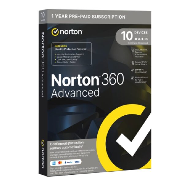 *Antivirus norton 360 advanced 200gb español 1 usuario 10 dispositivos 1 año caja