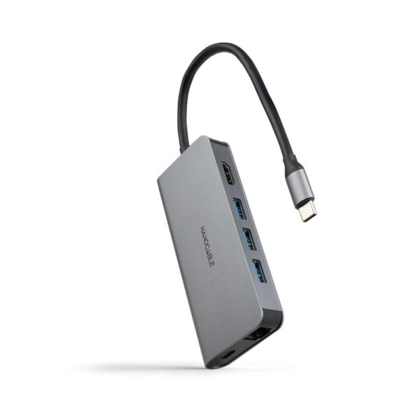 *Hub nanocable usb - c 8 en 1 conversor usb - c 3.1 a 3xusb - a 3.0 + hdmi 4k@60hz + usb - c pd + rj45 1gbps + tf + sd aluminio gris 18 cm