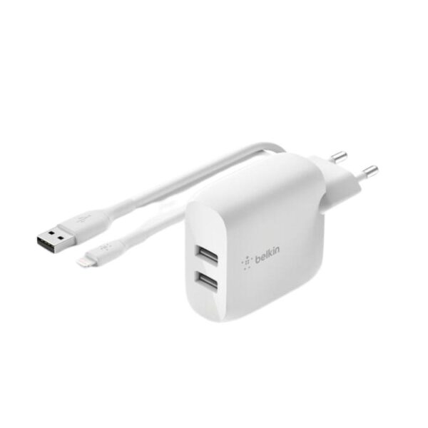 *Cargador belkin wcd001vf1mwh 24w 2x usb tpo a + cable lightning a usb tipo a 1m