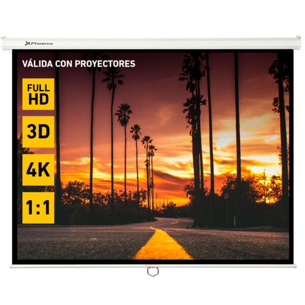 *Pantalla manual videoproyector pared y techo phoenix 169´´ ratio: 1:1 - 4:3 - 16:9 -   3m x 3m posicion ajustable - carcasa blanca - tela super resistente