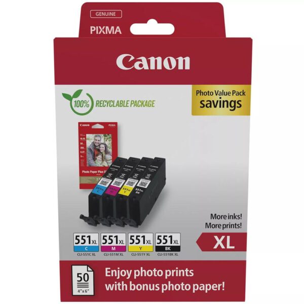 *Multipack canon cli - 551xl b - c - m - y + 50 hojas papel fotografico