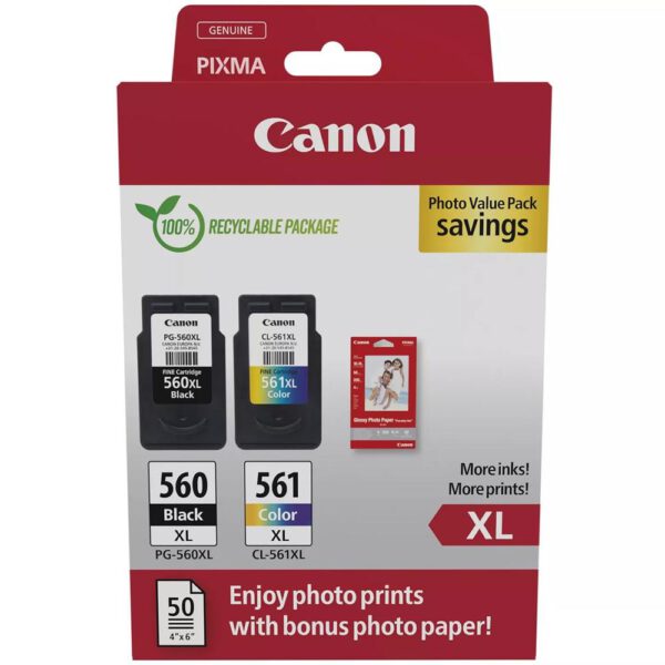 *Multipack canon pg - 560xl negro - cl - 561xl multicolor + 50 hojas papel fotografico
