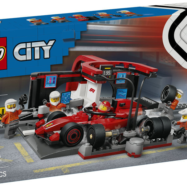 *Lego city formula 1 parada en boxes y equipo de mecánicos con coche ferrari