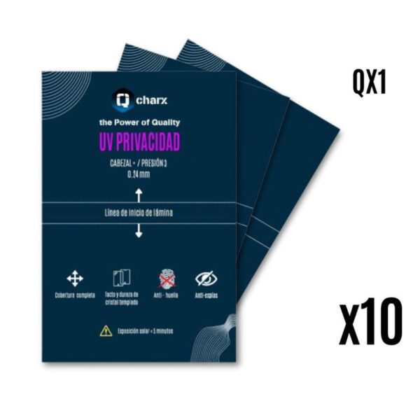 *Laminas de fijacion qcharx ultravioleta hd privacidad pack 10 para qx1