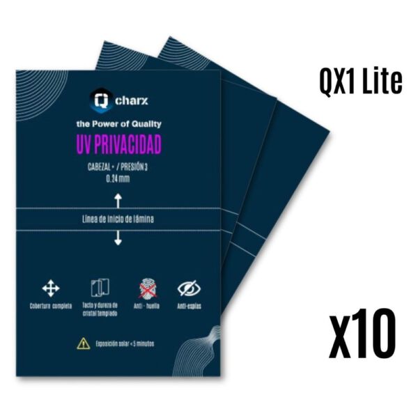 *Laminas de fijacion qcharx ultravioleta hd privacidad pack 10 para qx1lite