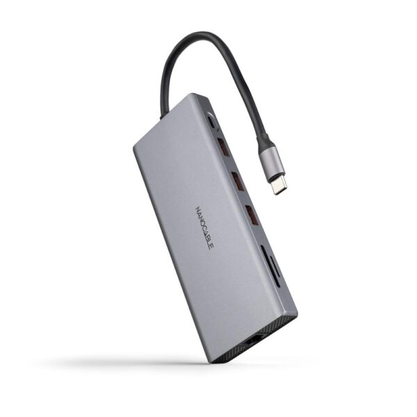 *Hub nanocable usb - c 12 en 1 conversor usb - c 3.1 a 3xusb - a 3.2 + usb - c 3.2 + usb - c pd + 2xhdmi 4k@60hz + dp 4k@60hz + rj45 1gbps + tf + sd + audio jack 3.5 aluminio gris 18 cm
